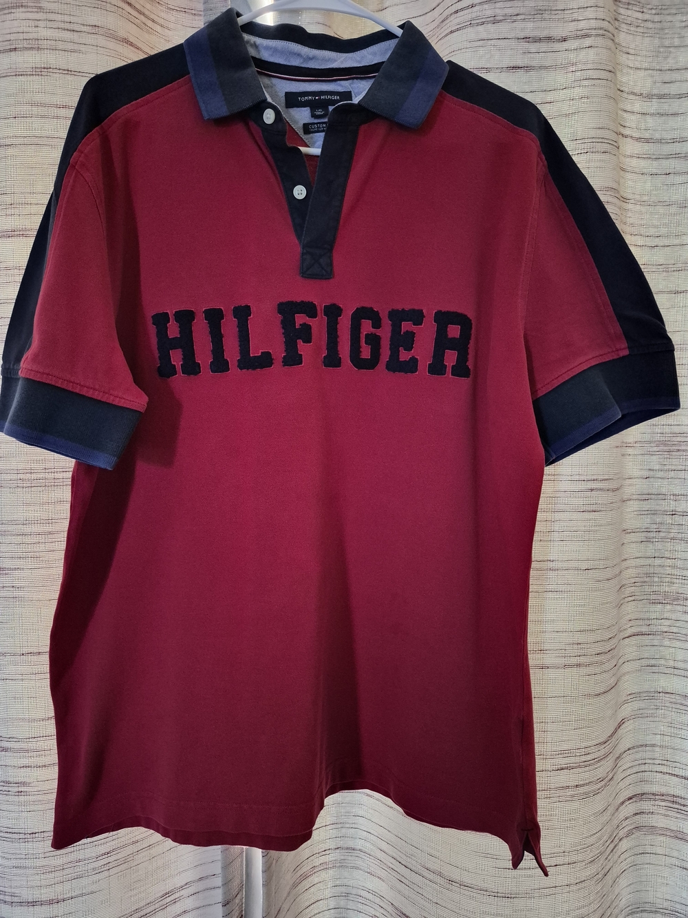 Tommy Hilfiger Men's Red and Navy Rugby Polo